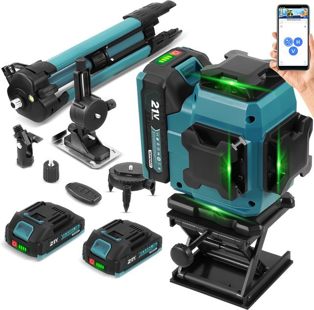 YOFIDRA 4D 16-Linien-Laser-Nivelliergerät mit 360 Grad horizontaler und vertikaler Nivellierung in Blau inklusive 1 m Stativ und Kompatibilität für Makita 21 V Akku-Pins - Bild 1