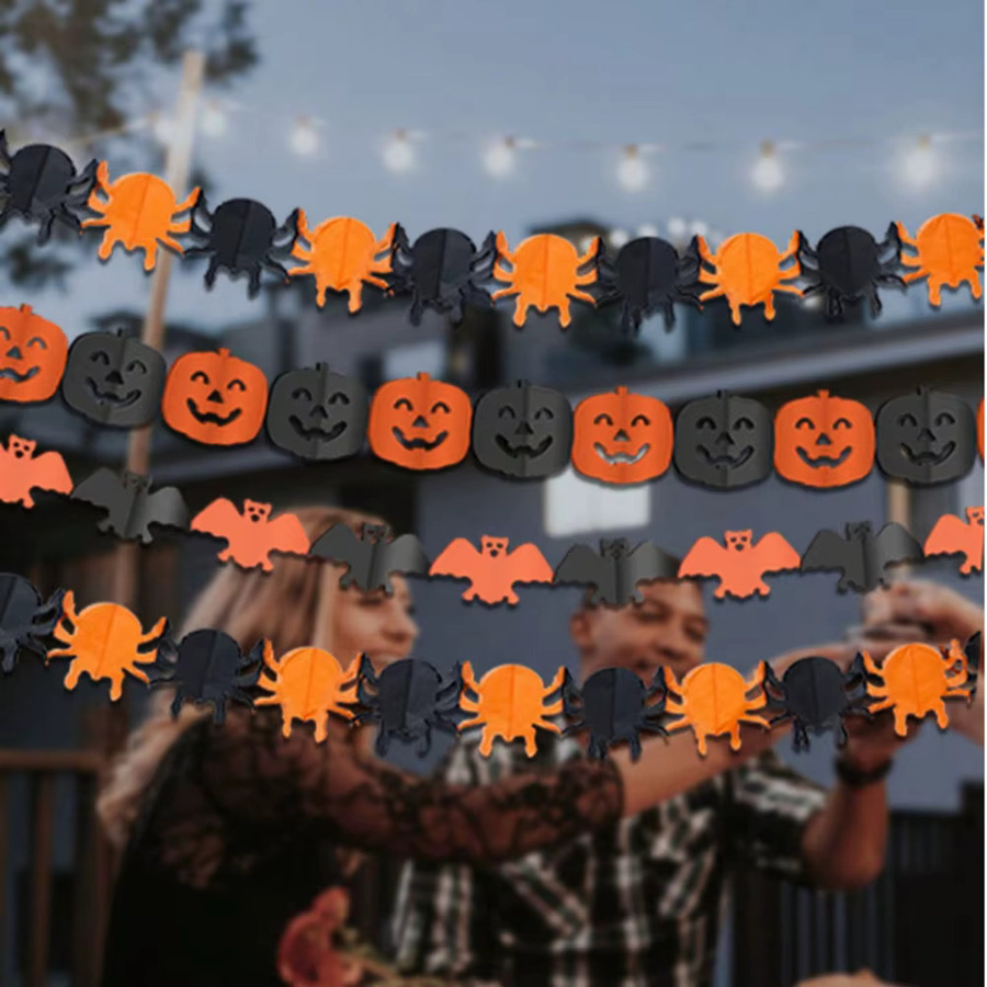AFYPRTY Halloween Papierbanner Girlande mit Spinne, Kürbis, Geist und Fledermaus in Orange zur Partydekoration - Bild 4