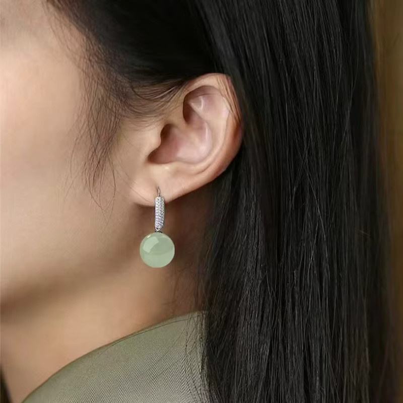 ALCADEN Ohrringe, Hotan Jade, Zirkonia, Silber, Damen, Vintage - Bild 3