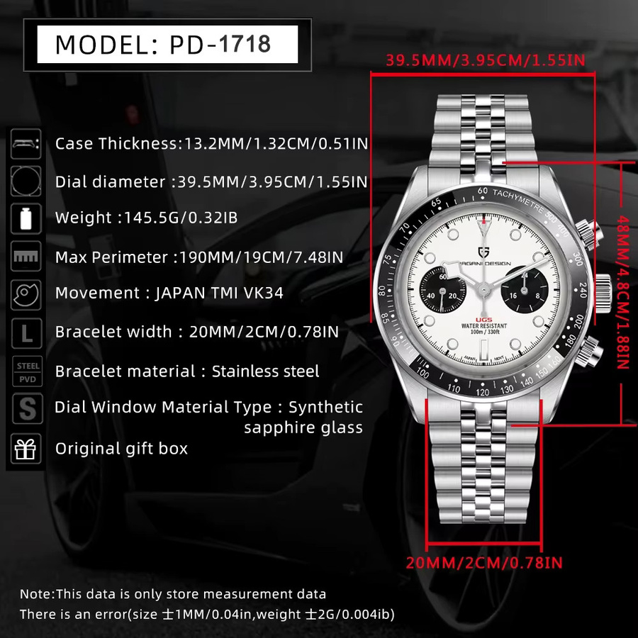 PAGANI DESIGN Chronograph Armbanduhr, Quarz, Edelstahl, Schwarz, Herren - Bild 5
