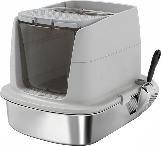 PawHut Katzenklo aus Edelstahl mit Deckel und Schaufel in Hellgrau, XL Katzentoilette mit Haube, B/T/H: 52,4 x 41,3 x 39,8 cm - Bild 1