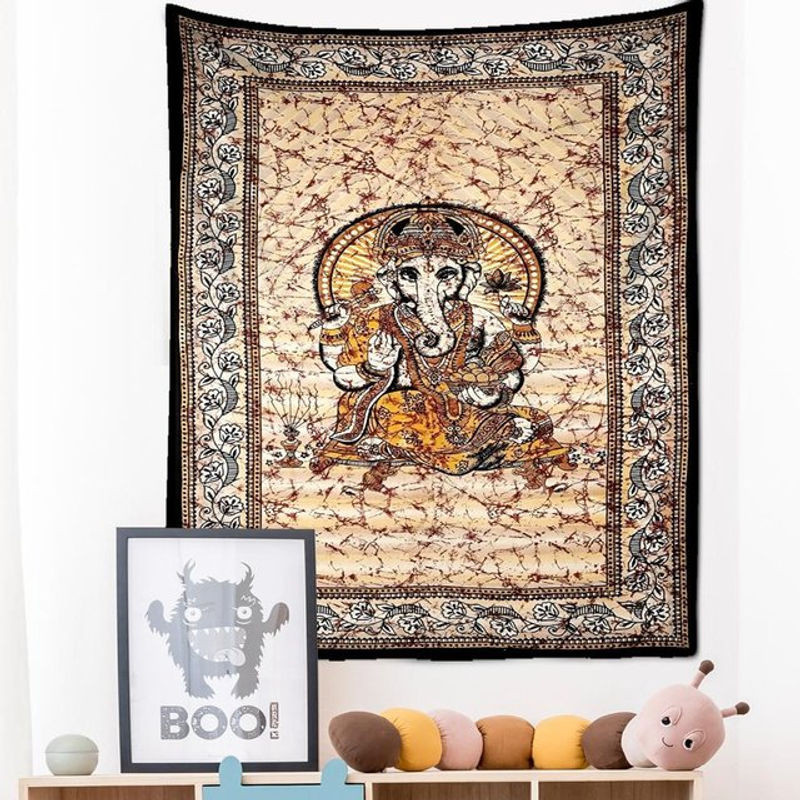 Abstrakter Vintage Elefanten Wandteppich in Beige von Super Six, Mystischer Wandbehang mit Tier-Motiv, B/H: 95 x 70 cm - Bild 1