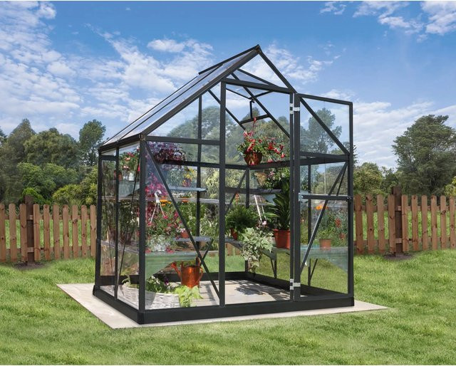 Palram Canopia Gewächshaus Grau mit Fundamentrahmen und Regenrinnen aus Polycarbonat mit Satteldach, 2,3 m² - Bild 1