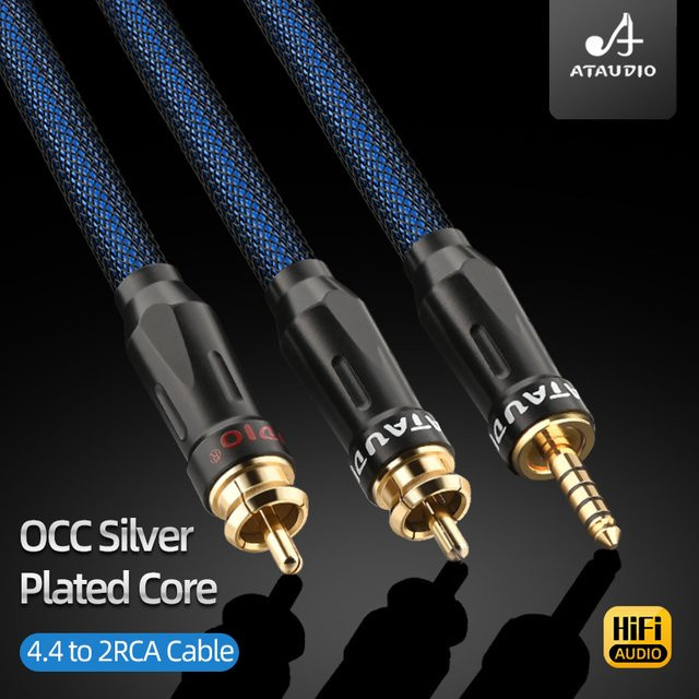 ATAUDIO HiFi OCC versilbertes Audiokabel 4,4mm auf 2RCA Y-Splitter in Silber und Blau für Verstärker und Heimkino - Bild 1