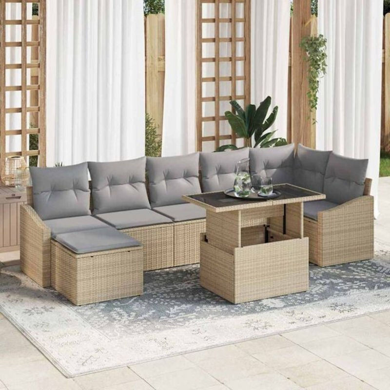 vidaxl Gartensofa-Set aus Poly-Rattan mit 8-teiligem Polster-Set in Beige und Hellgrau inklusive Hockern und Armlehnen - Bild 1