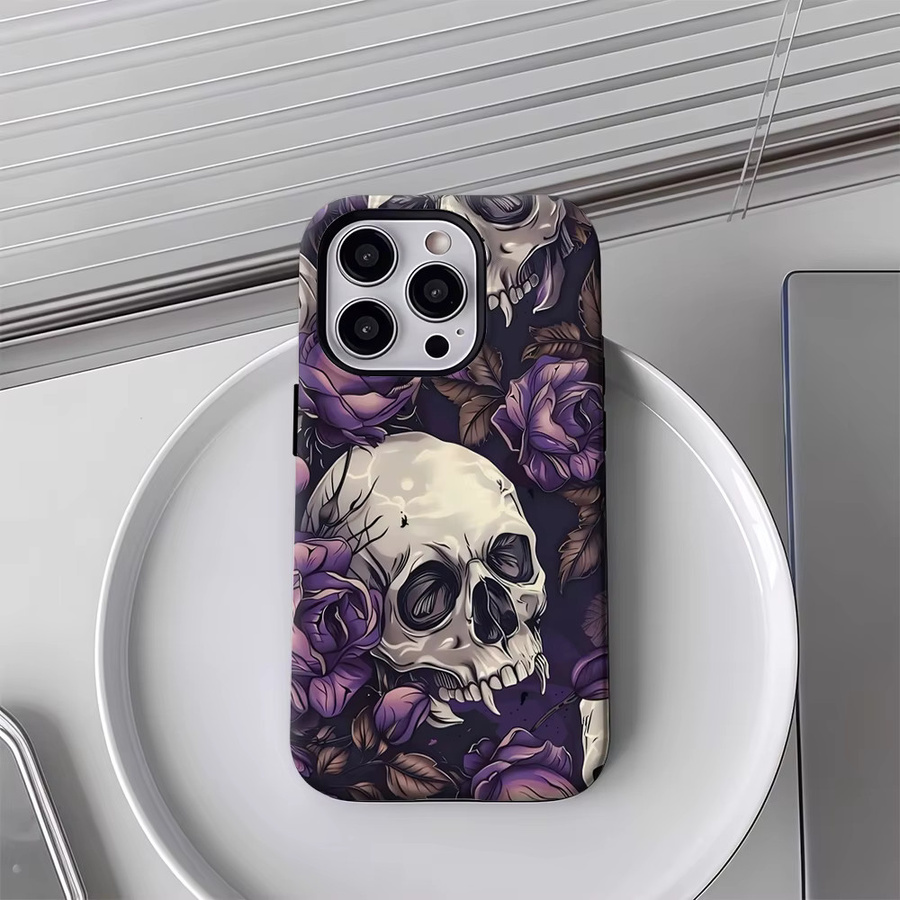 Handyhülle mit Totenköpfen und lila Rosen für iPhone 11 bis iPhone 17 Pro Max Plus, doppelschichtige Rückseite, lila/mehrfarbig - Bild 4
