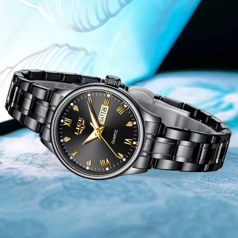LIGE Armbanduhr Quarz, Edelstahl, Silikon, Schwarz, Damen - Bild 2
