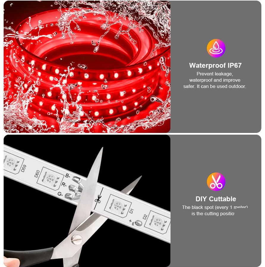 FastDeng RGB LED-Streifenlicht IP67 wasserdicht, 220 V, 60 LEDs/m, Multicolor mit IR-Fernbedienung - Bild 2