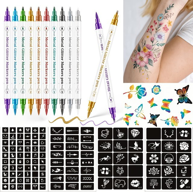 EYIR Tattoo-Stifte Set, 10 Doppelspitzen-Marker, 114 Schablonen, Schmetterlingsaufkleber - Bild 1