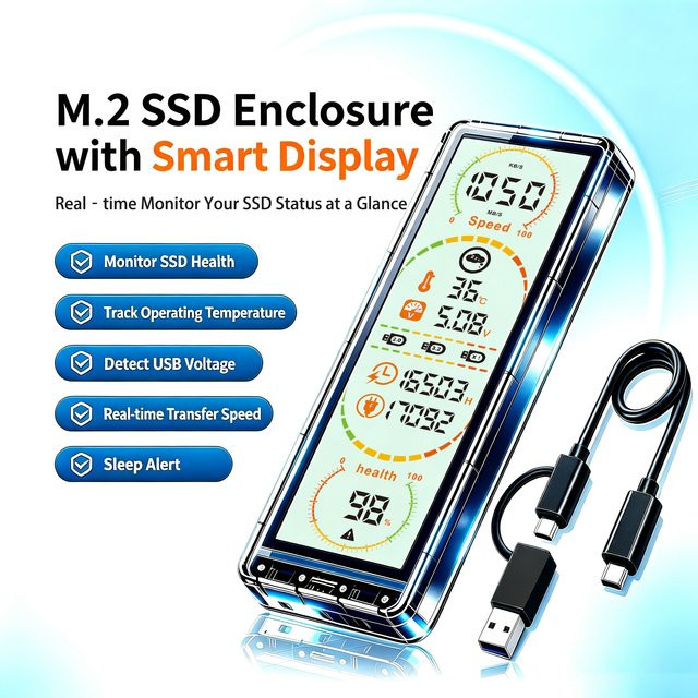 HSEN Transparentes M.2 SSD-Gehäuse mit Smart-Display, 10Gbps USB 3.2 Gen2 Typ-C, unterstützt NVMe und SATA Dual-Protokoll - Bild 1