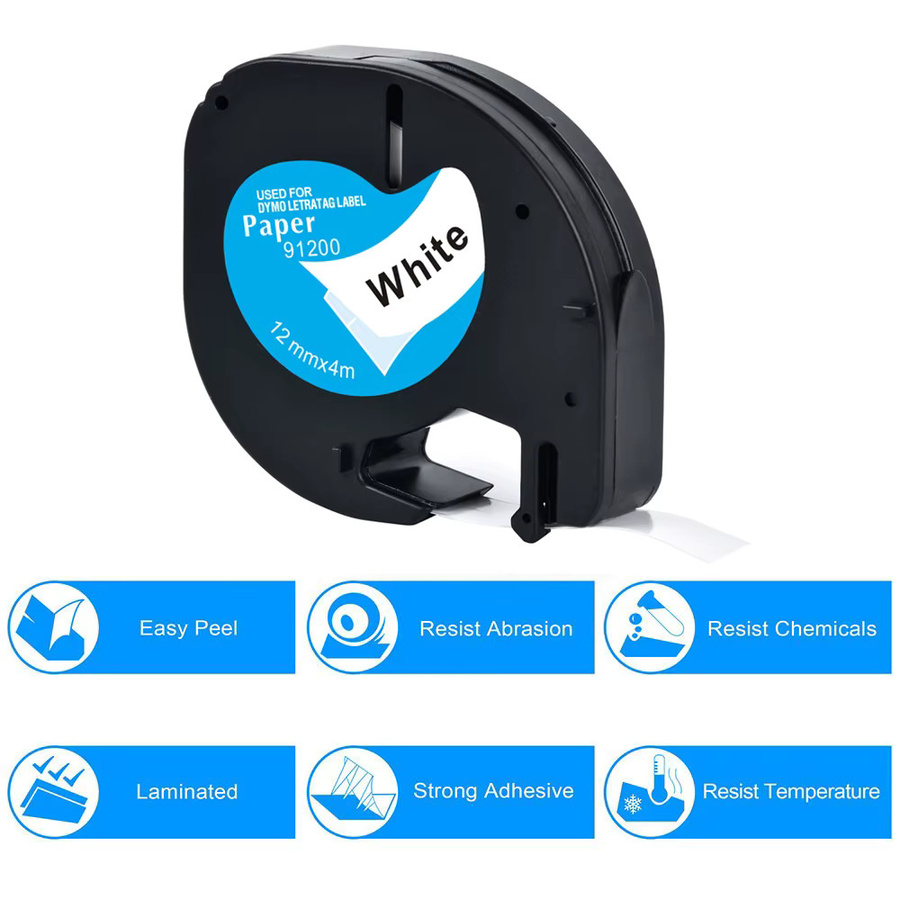 5er Pack Dymo LetraTag kompatible Etikettenbänder für LT-100H, Breite: 12 mm, Kunststoff-Papier, Thermal-Druck - Bild 1