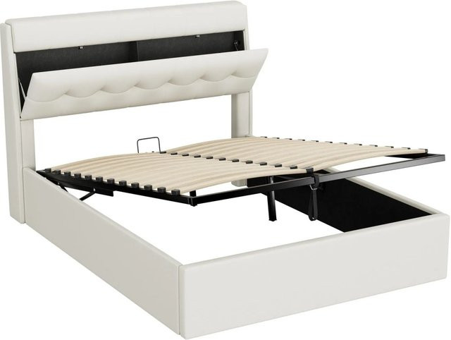 okwish Polsterbett aus PU-Kunstleder mit hydraulischem Funktionsbett, Bettkastenablage und verdeckter Kopfteilablage, Farbe: Weiß, B/T/H: 140 x 190 x 105 cm - Bild 1