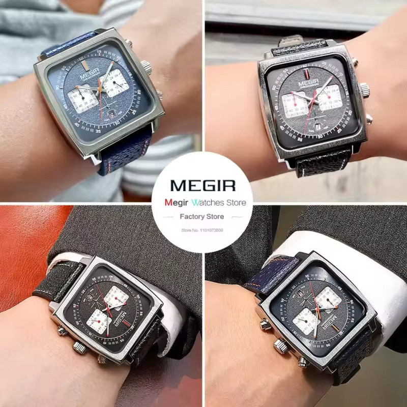 MEGIR Armbanduhr, Quarz, blau, schwarzes eckiges Zifferblatt, Lederband, Herren - Bild 5