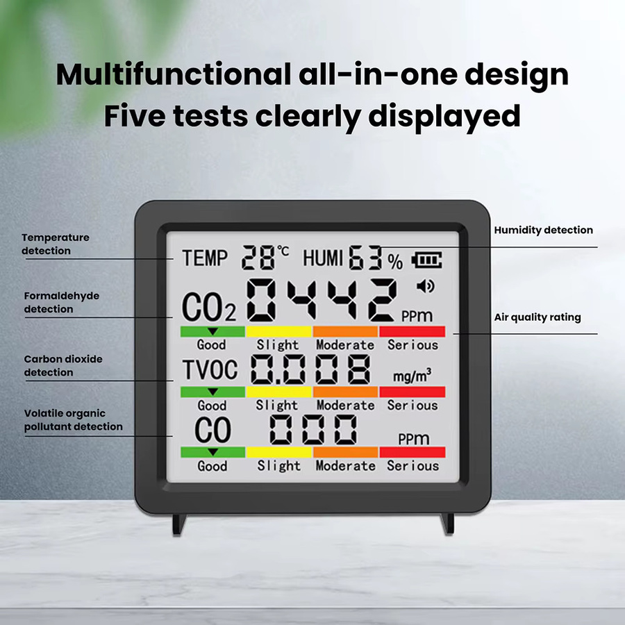 Gaqqee 5-in-1 Luftqualitätsdetektor in Schwarz: CO2-Tester, Formaldehyd-Monitor (HCHO), TVOC-Messgerät sowie Temperatur- und Feuchtigkeitsmesser mit Typ-C-Schnittstelle - Bild 3