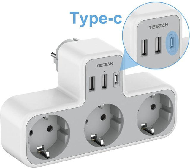 TESSAN 6-in-1 Mehrfachsteckdose mit 3 AC-Steckdosen, 2 USB-Anschlüssen und 1 USB-C Anschluss in Grau mit Überlastungsschutz - Bild 1