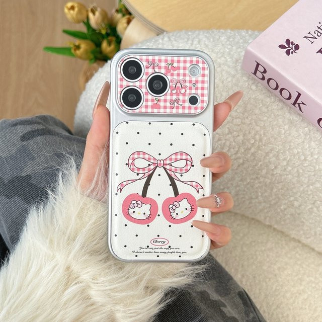 Sanrio KT Cherry Handyhülle mit großem Fenster für iPhone 17 Pro, 16 Pro, 15 und 14 Pro Max in Pink und Weiß, stoßfeste Schutzhülle - Bild 1