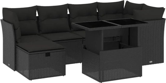 vidaXL 7-teilige Garten-Sofagarnitur aus Poly-Rattan mit Kissen in Schwarz - Bild 1