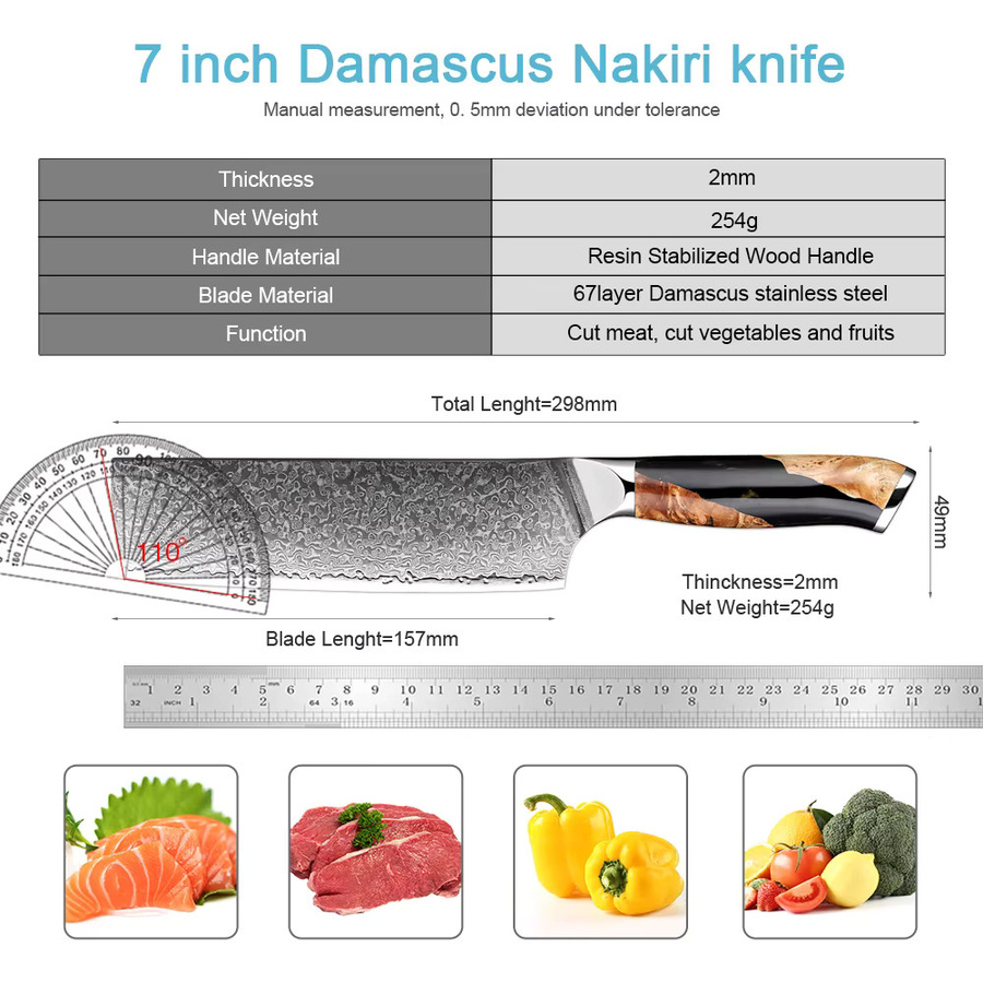 Xituo Nakiri Kochmesser aus Damast-Edelstahl VG10 mit ergonomischem Holzgriff, Silber/Weiß, Länge: 17,78 cm - Bild 2