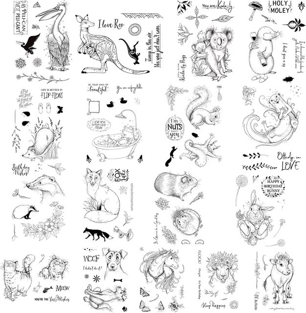 Aquarell Silikonstempel mit süßen Tier-Motiven wie Känguru, Koala, Fuchs und Kaninchen für Scrapbooking und DIY-Handwerk, transparent, B x H: 21 x 15 cm - Bild 1