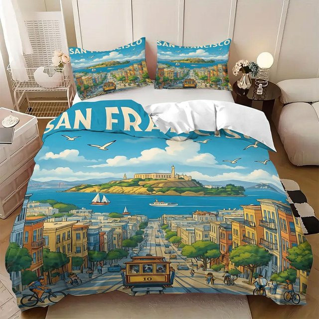 Bettwäsche-Set Lodestar mit 3D Anime Landschaftsmuster aus weicher Mikrofaser, Bettbezug und Kissenbezug, Blau/Mehrfarbig, B/H: 135 x 200 cm - Bild 1