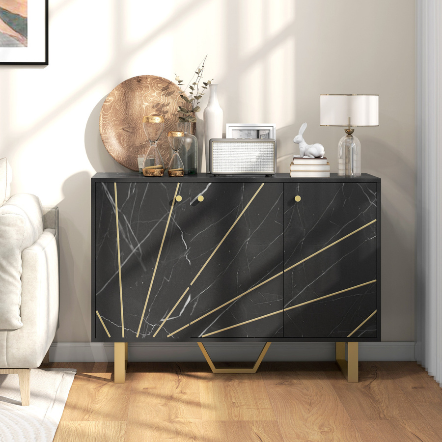 HOMCOM Sideboard Aufbewahrungsschrank für dein Wohnzimmer mit 3 Türen, 2 Schränken und verstellbaren Regalen in schwarzer Marmoroptik mit Gold- und Metallbeinen, B: 35 cm, T: 35 cm, H: 75 cm - Bild 2