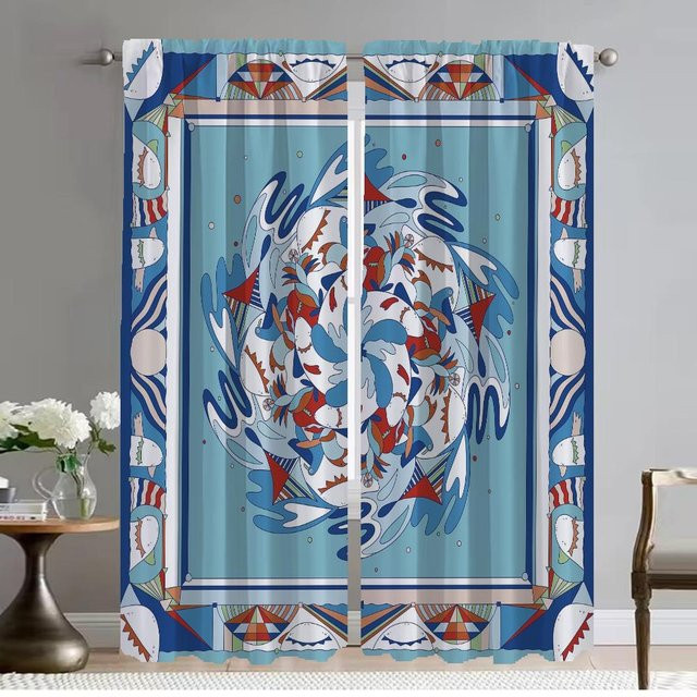 Halloween Vorhänge im chinesischen Stil für Küche und Wohnzimmer, 2er-Set, Blau, Breite: 50 cm, Höhe: 70 cm - Bild 1