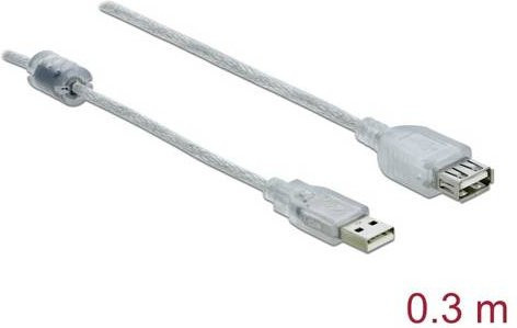 Delock USB 2.0 Kabel mit USB-A Stecker und USB-A Buchse, transparent, vergoldete Steckkontakte, Länge: 0,30 m - Bild 1