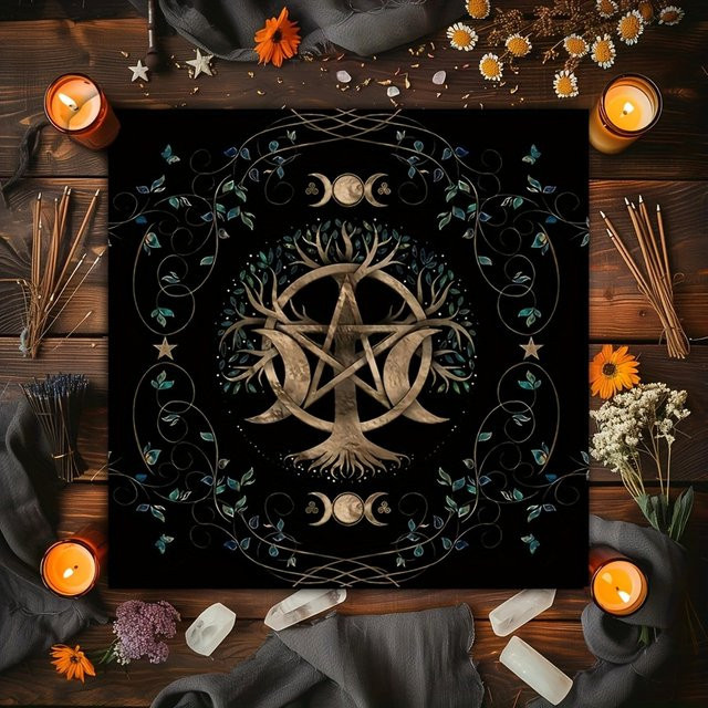 VIKAMA Mystical Enchanted Forest Tischdecke mit Stern und Mond in Schwarz für Meditation und Tarot-Rituale - Bild 1