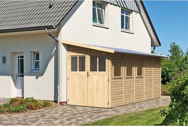 Karibu Holz-Gartenhaus Kristiansund mit Pultdach in Natur, Unbehandelt, B: 439 cm, T: 230 cm, H: 178 cm - Bild 1