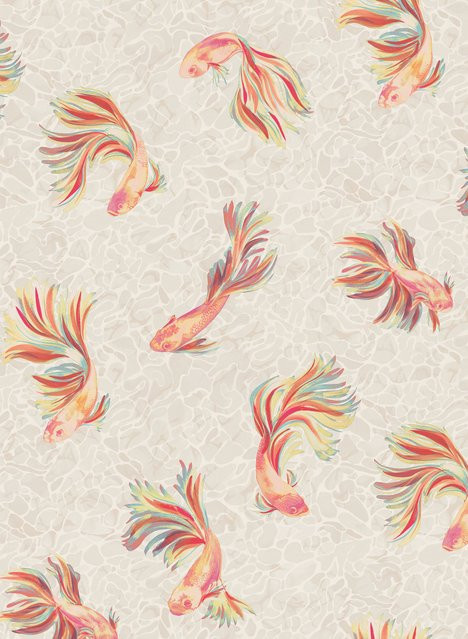 Osborne & Little Tapete Aquaria aus Vlies in Linen/Mandarin mit ornamentalem Fischmuster in Gold, Rose und Orange - Bild 1