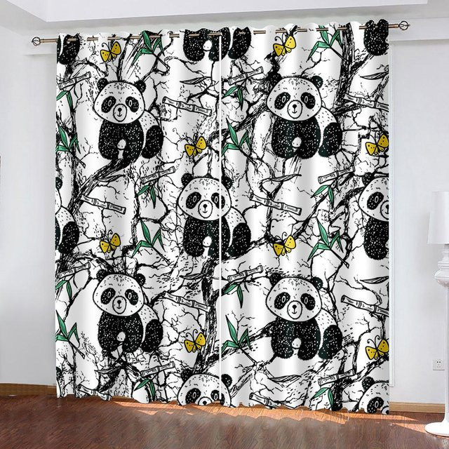 Yiran Furniture Vorhang mit Panda-Muster in Navy Blau, 2er-Set aus Polyester, semi-transparent, Breite: 50 cm, Höhe: 130 cm - Bild 1