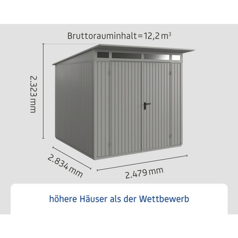 Hörmann Gerätehaus Trend mit Pultdach und Doppeltür aus Metall in Graualuminium, B/H/T: 238 x 232,3 x 238 cm - Bild 3