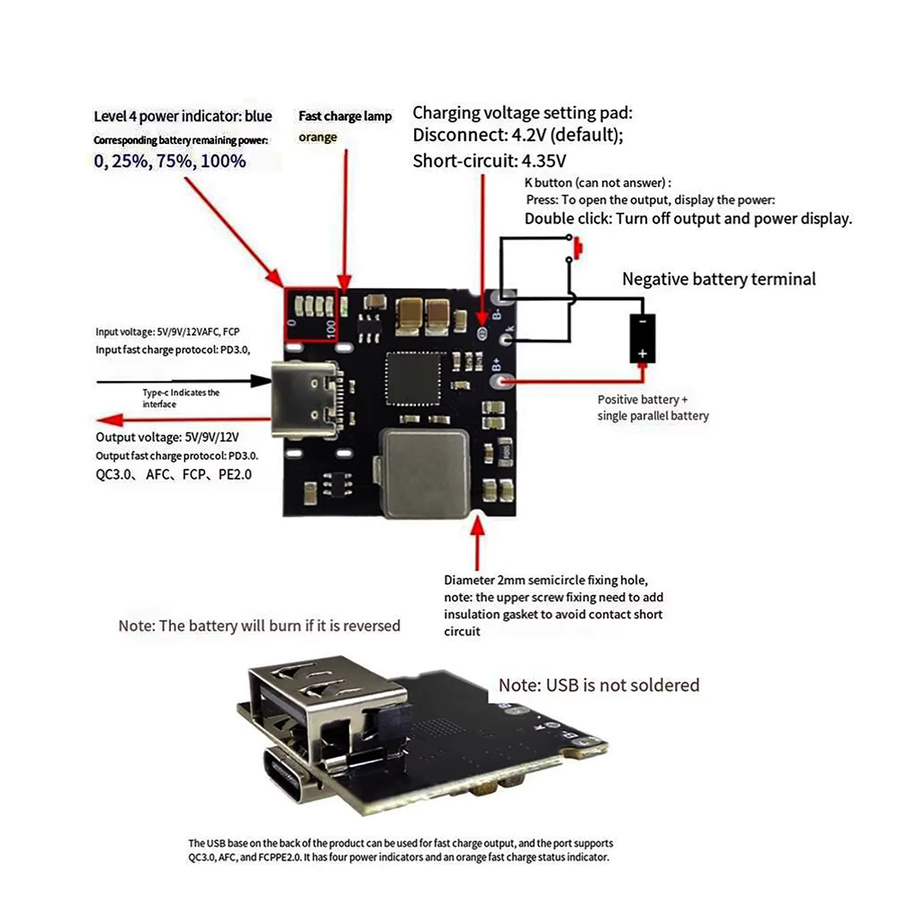 DYKBmetered SW6106 PD 18W Schnelllademodul 1S BMS Lade- und Entladeplatine für 18650 Li-Ionen Batterien mit USB-C, Schwarz - Bild 2