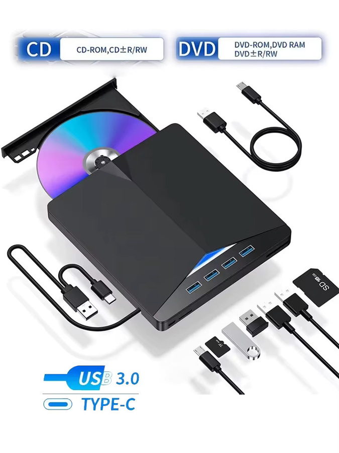 GGBEE 7-in-1 Externes DVD-RW-CD-Laufwerk mit USB-C und USB 3.0, Tragbares Optisches Laufwerk für Laptop und PC, Schwarz - Bild 5