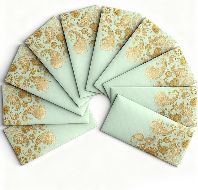 Shagun Geldumschläge aus Papier in Grün und Gold, 10 Stück, B: 19,05 cm, H: 19,05 cm - Bild 1