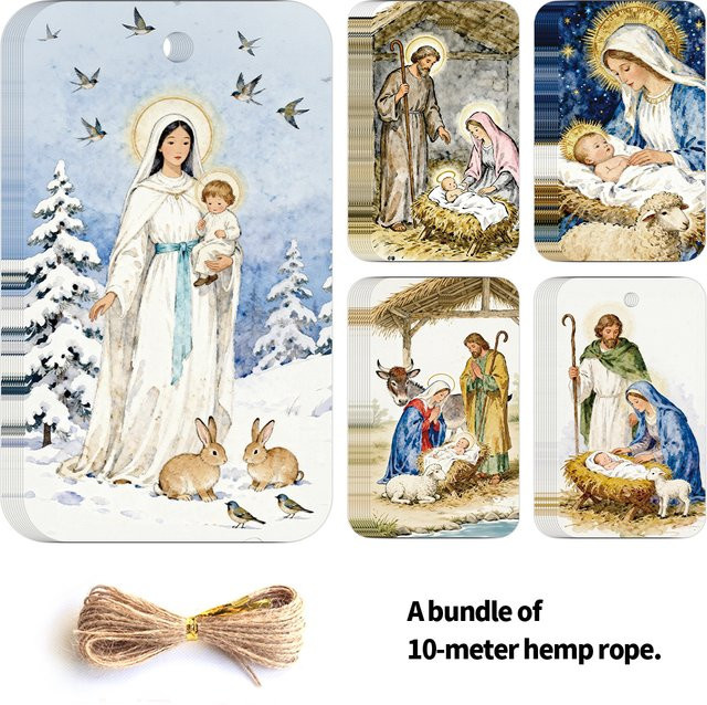 50 Stück religiöse Jesus-Krippe Hängeetiketten aus Papier in Mehrfarbig für Weihnachten, Ostern und Taufe mit Seil und Geschenkverpackung - Bild 1