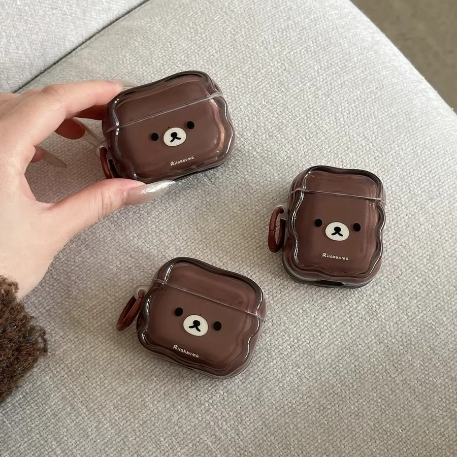 Schutzhülle für Apple AirPods 4, 3, 2, 1 mit niedlichem Rilakkuma-Bär Design in Braun inklusive Schlüsselanhänger - Bild 2