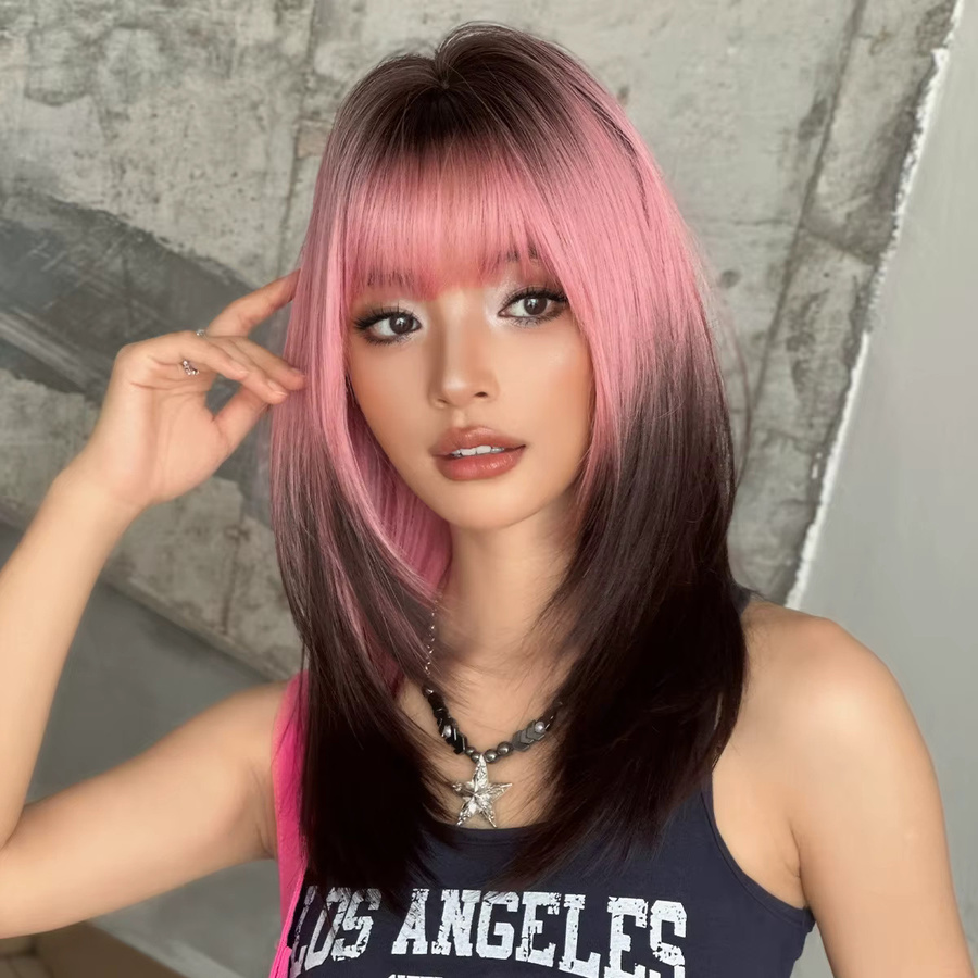7JHH WIGS Perücke Damen, schulterlang, gerade, schwarz-rosa Ombré, synthetisch - Bild 2