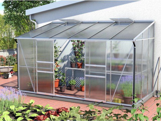 Vitavia Anlehn-Gewächshaus Ida 7800 in Silber, Aluminium eloxiert mit 4 mm Polycarbonat-Dachplatten und Doppelschiebetür - Bild 1