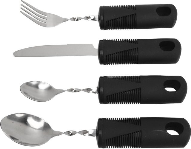 TOMTOP JMS Adaptives Besteck-Set aus Edelstahl in Schwarz und Silber, mattiert, zur Unterstützung bei Parkinson, Arthritis und Handzittern, bestehend aus Löffel, Gabel und Messer - Bild 1