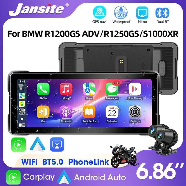 Jansite Drahtloses CarPlay und Android Auto Motorrad Display mit GPS Navigation für BMW R1200GS R1250GS, 6,86 Zoll, Schwarz - Bild 1