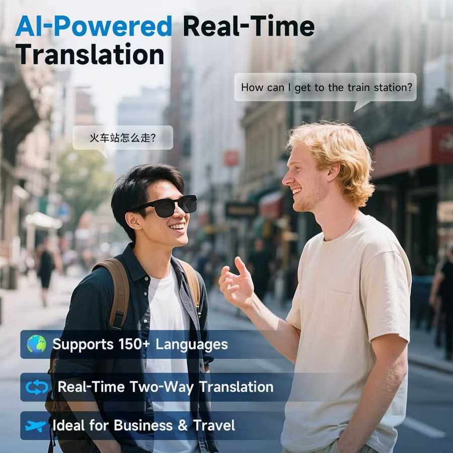 WJOY AI Translator Echtzeit-Smart-Brille, kabellose Open-Ear-Sonnenbrille mit Bluetooth-Audio und Sprachassistent in Schwarz, unterstützt 144 Sprachen - Bild 2