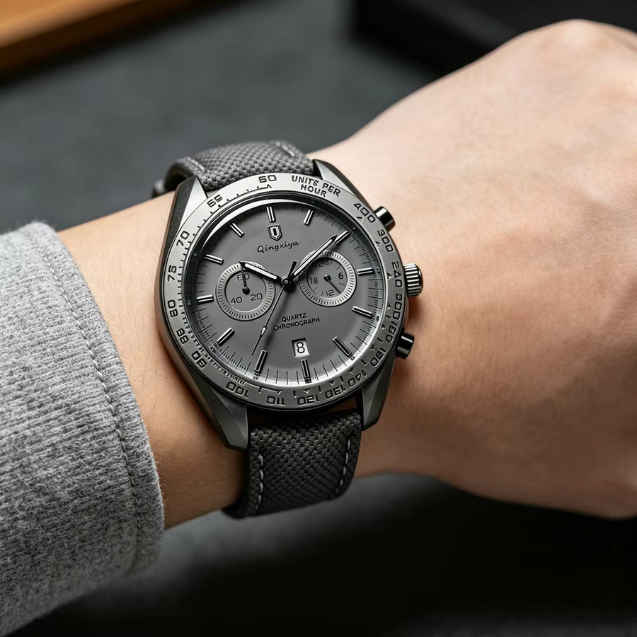 QINGXIYA Chronograph Herrenuhr, Quarz, Edelstahl, grau, Textil/NATO - Bild 5