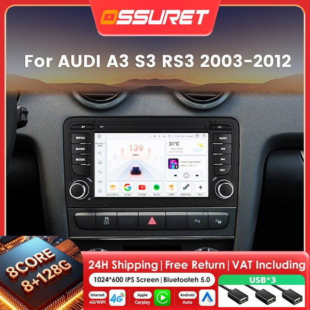 OSSURET 7 Zoll Android Autoradio für Audi A3 8P S3 RS3 2003-2012 mit 4G, 8-Kern Multimedia-Player, Carplay, Android Auto, GPS und Bluetooth in Schwarz - Bild 1