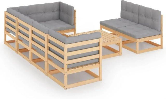 vidaXL 8-teiliges Garten-Lounge-Set aus massivem Kiefernholz mit grauen Polstern - Bild 1