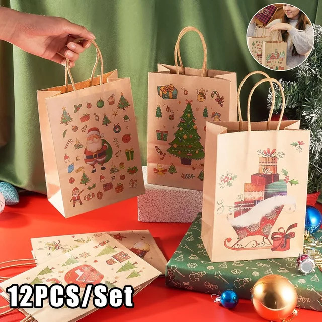 Bunte Weihnachtsabend-Geschenktüten aus natürlichem Kraftpapier mit Griffen für deine Feiertagsverpackungen - Bild 1