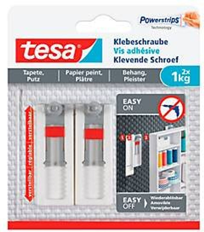 tesa Klebeschraube für Tapete und Putz in Weiß, höhenverstellbar und ablösbar, 2 Stück - Bild 2