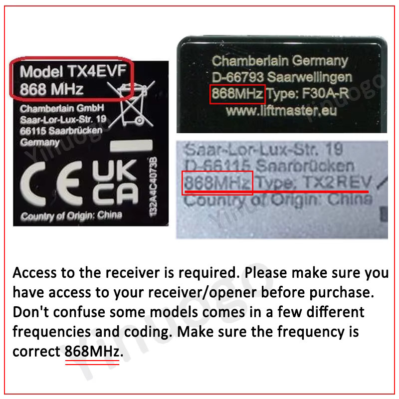 YNG607 Garagentoröffner Fernbedienung für TX4REV TX2REV TX4EVF TX2EV TX4EV in Schwarz 868 MHz - Bild 2