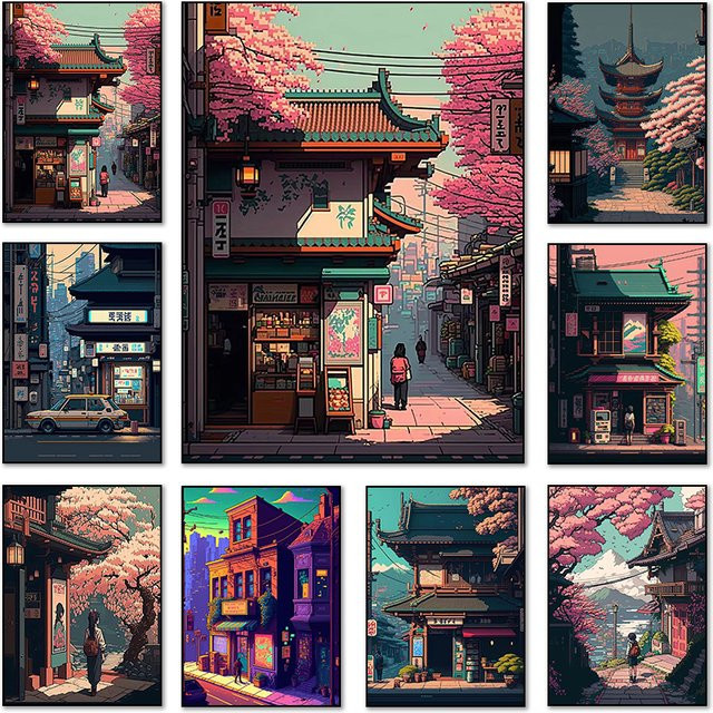 Potdemiel Wandkunst Poster Japan Pixel Gebäudeansicht Straßenlandschaft in Mehrfarbig - Bild 1