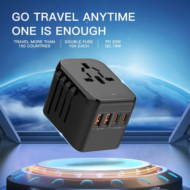 HKLAMIN GaN 20W Schnell-Ladeadapter in Schwarz mit 2 USB-C und 2 USB-A Anschlüssen sowie internationalem Weltweiter Steckeradapter für EU UK US AU - Bild 1